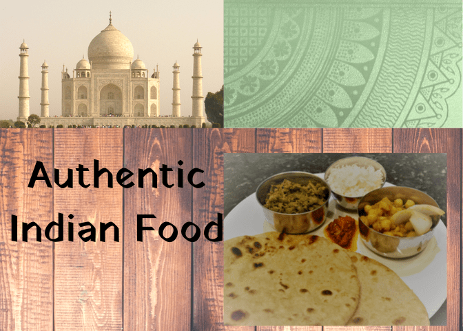 A North Indian Authentic Indian Meal consisting of spicy vegetables, hot buttered bread (Paratha), with side of rice and spicy mango pickle.