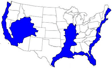 This is the projected areas to be flooded if the New Madrid Fault Zone displaces, but can also represent what areas would be effected by rising Sea Levels.