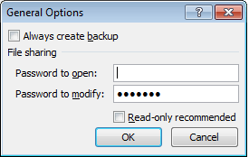 Dialogue box to add a password to allow a user to modify the file as well as another password to open the file in Excel 2007 and Excel 2010. You can also allow people without a password read only access.