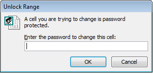 Dialogue box a user will receive when trying to modify a range of cells that do not have permission to modify in Excel 2007 and Excel 2010.
