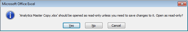 Dialogue box inviting a user to open a read only copy of a document in Excel 2007 and Excel 2010.