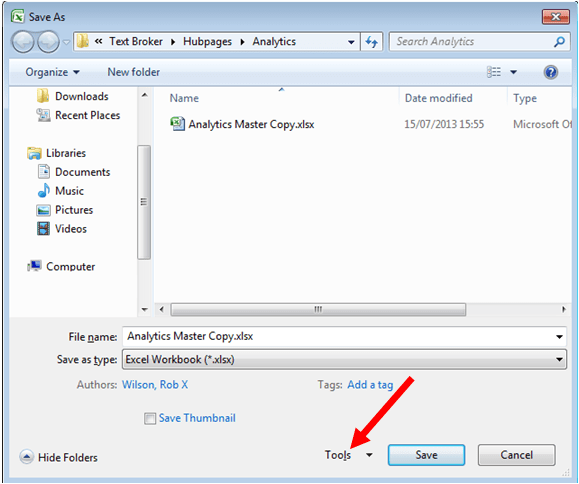 How to access the Tools drop down box in Save As in Excel 2007 and Excel 2010.
