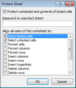Options that can be allowed or prohibited on a single sheet in Excel 2007 and Excel 2010.