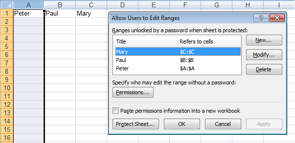 How to configure a number of cell ranges to allow people to edit one range but not others in Excel 2007 and Excel 2010.