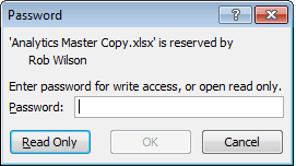 Password box as it appears to a user opening a protected file in Excel 2007 and Excel 2010.