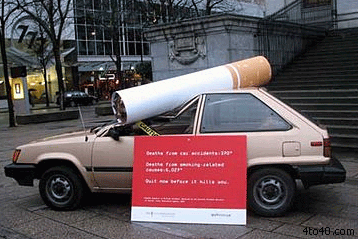 The table reads, "Death from car accidents: 370. Death from smoking-related causes: 6,027. Quit now before it kills you."