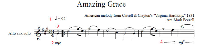 First line of Amazing Grace with the musical notation highlighted.