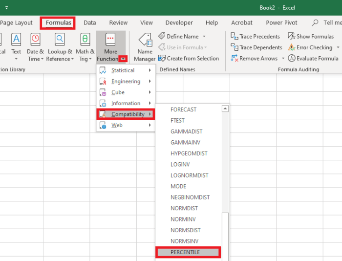 To insert the PERCENTILE function from the formula tab you must first navigate to: Formulas→More Functions→Compatibility→PERCENTILE