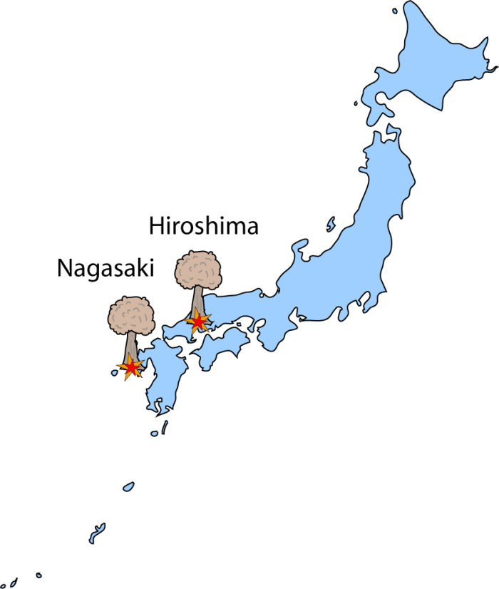 Map showing the locations of Hiroshima and Nagasaki, Japan where the two atomic weapons were employed