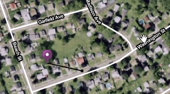 Martin's neighborhood, Washington Street at Beach. Just right of the text "Beach St", is house #11's willow tree. Also note the two small trees in Martin's origin sketch have become quite large. The pin shows the place Martin stood in the vision.
