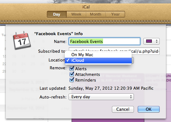 Be sure to change the iCal calendar "Location" to "iCloud" so that your Facebook calendar will be pushed to your iPhone