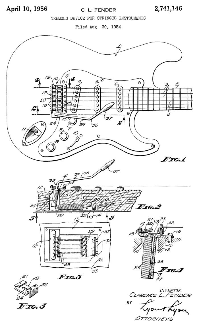 Sketch of the tremolo system on the Fender Stratocaster, from Leo Fender's original patent application.