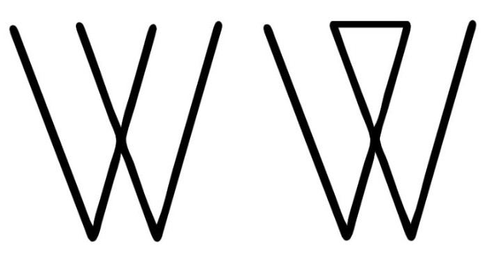 At one time popularly employed as a protection symbol, the interlocking Vs motif goes largely unused nowadays. Its precise meaning is not certain, but one theory is that it refers to Mary--the Virgin of Virgins. Shown are 2 versions