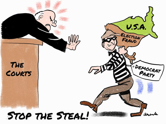 Despite this optimistic cartoon, the courts reneged on their promise to protect and defend the laws of this country when they refused to rule on the many election irregularities of 2020, claiming lack of "standing."