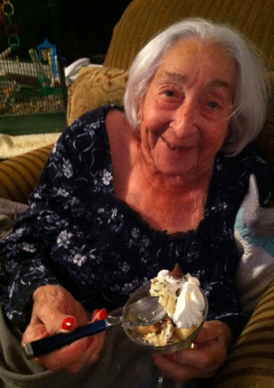 A satisfied dessert shooter customer - my darling 95 year old Mom, Gertie - 1 month after hip surgery!