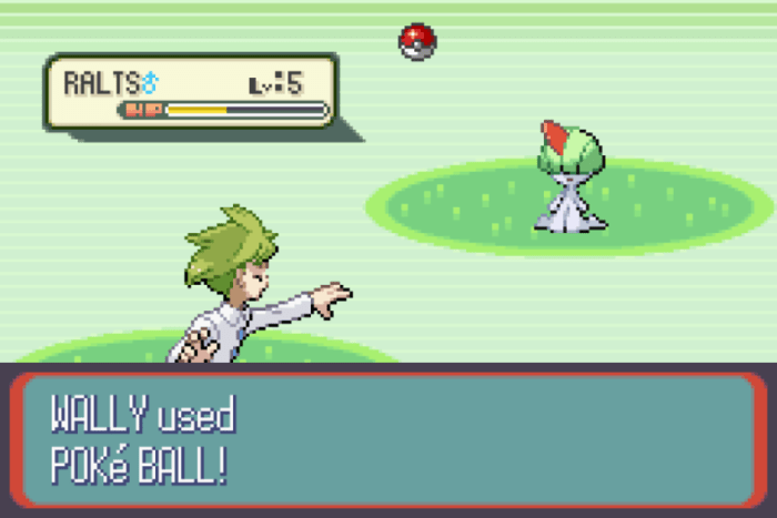 Wally catches his first Pokémon as part of the in-game tutorial.