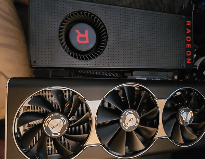Big card with big results. Here's the XFX RX 5700 Xt next to the RX Vega 64. The 5700Xt is available for ordering with a 2 to 3 week wait time.