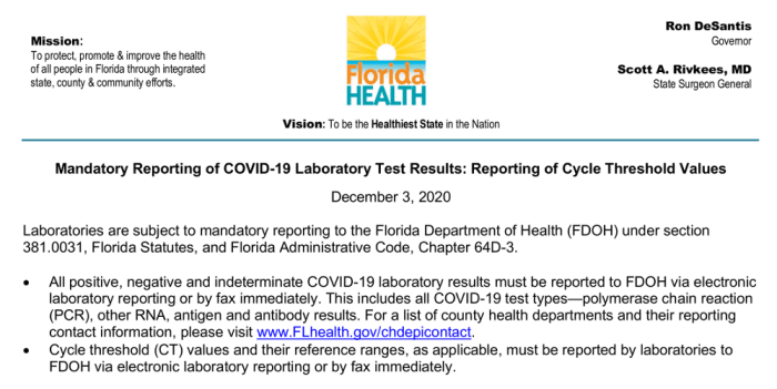Image of top part of Florida 12-03-2020 memo mandating reporting cycle threshold values, captured from original online document