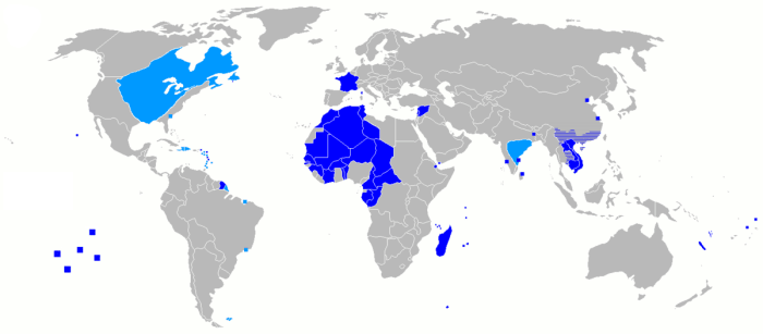 The light blue on the map is the territory of the first French colonial empire, while the dark blue is that of the second