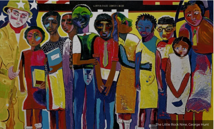 In 2005 George Hunt's painting "Little Rock Nine" became a US Postage Stamp.