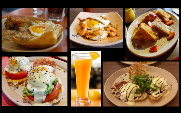 Jackie's Snooze favorites: Breakfast Pot Pie, Shrimp and Grits, Bella! Bella! Benny, OMG! French Toast, Smashed Avocado Benny, MM MM Mimosa