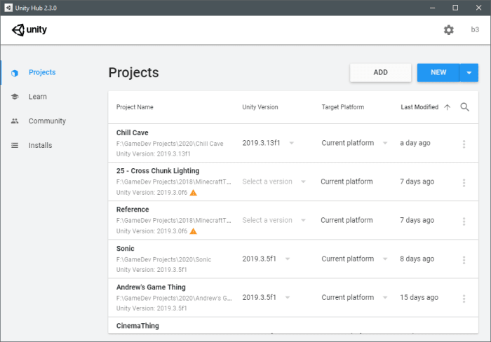 This is your Unity projects window. If this is your first time, yours won't be as cluttered as mine. From here you want to head for the "New" button in the top right. If you want to try one of the Unity tutorials, you can find them in the Learn tab.