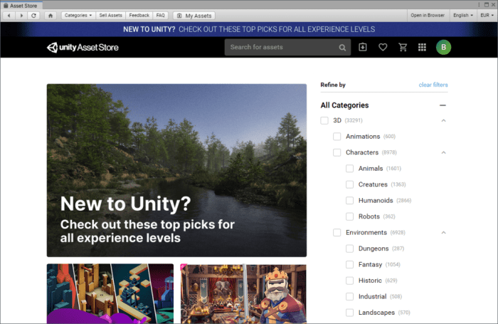 The Unity Asset Store has a wide range of free and premium assets. The free stuff can be a bit hit and miss, but there's loads of great assets on there to get you started.