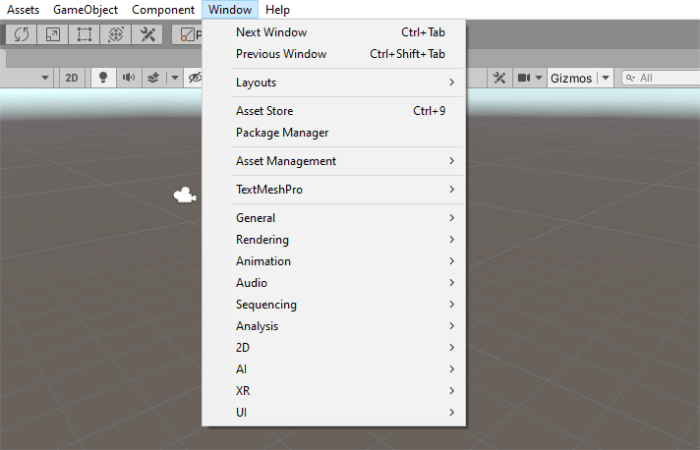 Many different editor windows are accessible through the Window menu. These can all be docked on their own, with other windows, or un-docked and free floating.