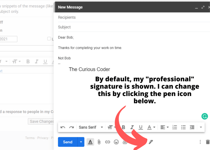 By default, my "professional" signature is shown. I can change this by selecting the pen icon below.