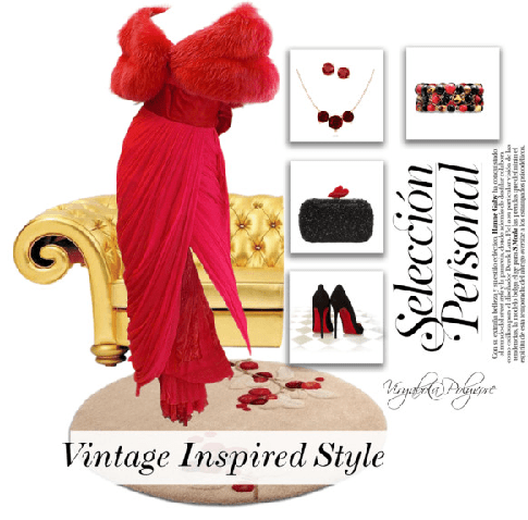 Chic vintage style - Old Hollywood dress with faux fur details an the characteristic red color. Fashion accessories include stiletto heels, clutch handbag, and costume jewelry. A Vintage Inspired Style