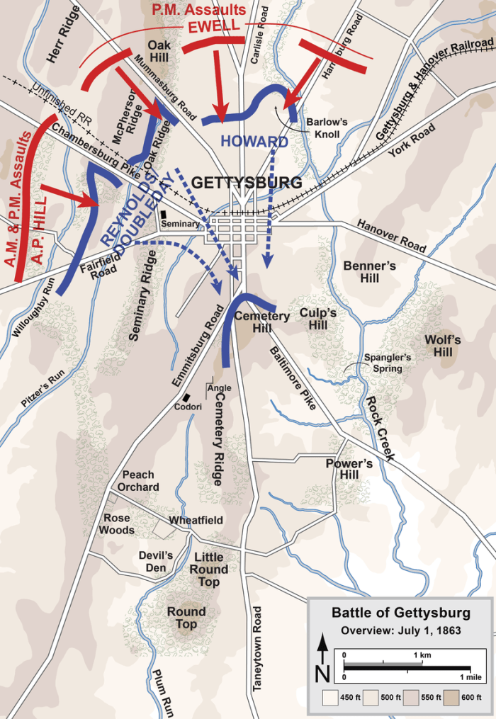 The first day battle map of Gettysburg. Confederate forces overwhelm the Union right flank forcing them to retreat south of Gettysburg with very heavy casualties. Over 4,000 Union troops were captured by Lee's soldiers.