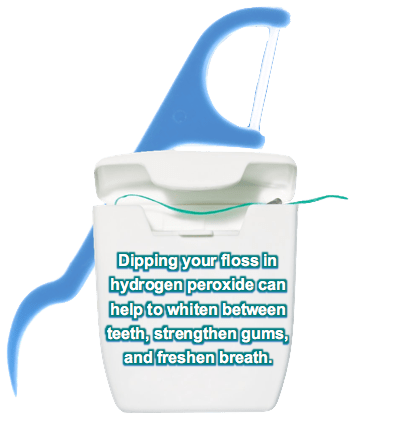 Dipping your floss in hydrogen peroxide can help to whiten between your teeth, strengthen your gums, and freshen your breath.