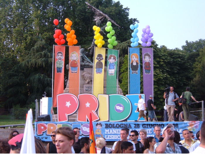 Bologna Pride 2008 in Italy. LGBT pride parades are steadily doing without the LGBT initialism. Omitting the letters altogether avoids having to add new initials and deciding where to place them in the overall title.