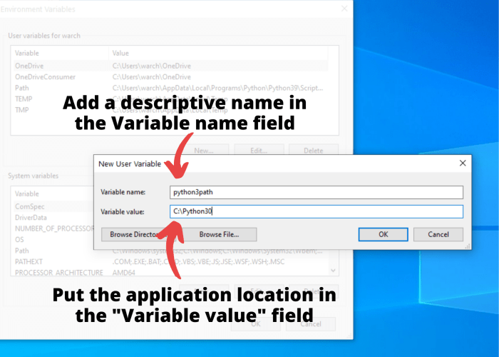 In the "Variable name" text field, you'll want to put a descriptive name for your variable. In the "Variable value" field, you'll want to put the location of the application that you want to be added to your PATH environment variable.