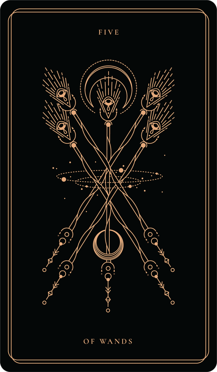 The Five of Wands is about conflict, too many cooks in the kitchen, disagreements, and battles. Everyone picks up a stick and fights -- it's unclear if there will be a winner.