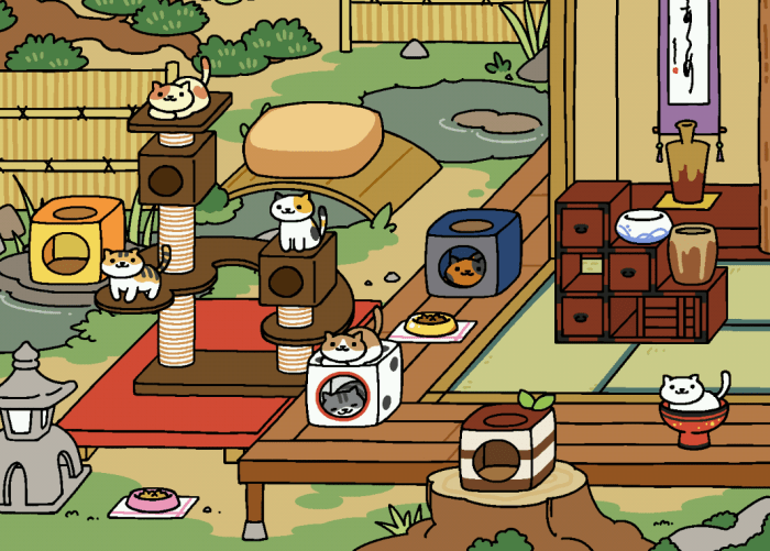 Peaches relaxing at the top of the Cat Metropolis! Uploaded to the Neko Atsume Wikia by user Nekokage.