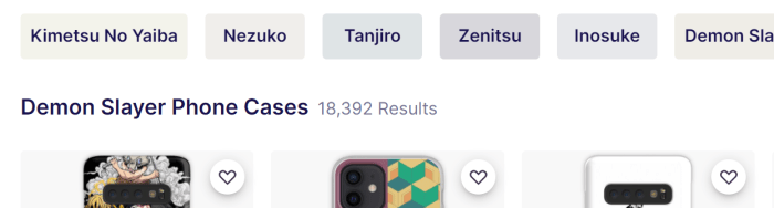 If you type the name of a show, for example, Demon Slayer into the Redbubble search, you will be given the option to filter by characters