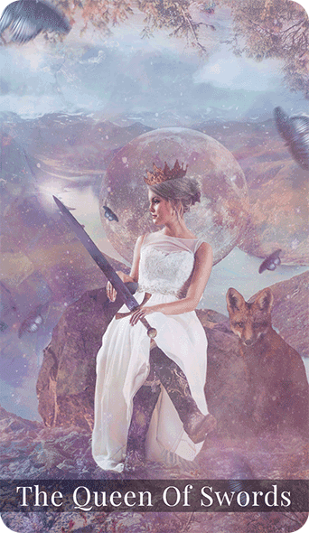 The Queen of Swords is among the angels. She looks to wisdom and the divine before she makes a decision. She has the power of wisdom on her side.