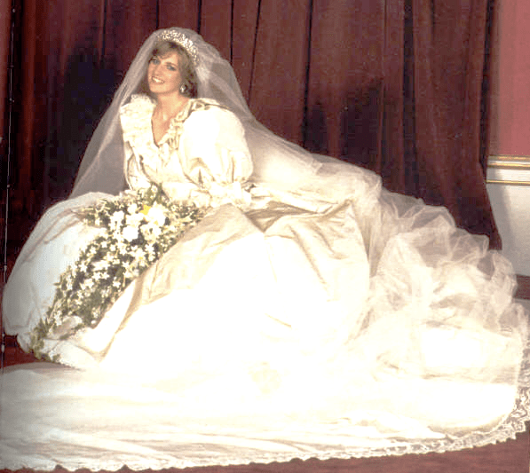 Photo featuring the front of Princess Diana's wedding gown, July, 1981. Ideas for a Nostalgia Pinboard: Diana Spencer: The First of The Fairy Tale Weddings OR Royal Brides of Britain