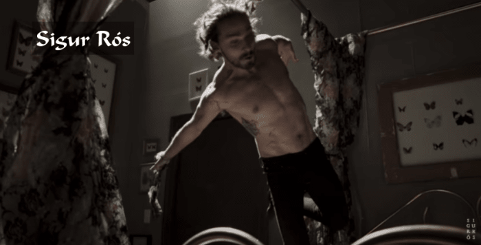 Shia LaBeouf in the Sigur Rós music video Fjögur píanó. The video is more than 8 minutes long. It's about a romantic relationship turning dysfunctional. Denna Thomsen also stars in the video. Two music videos were released for this song.
