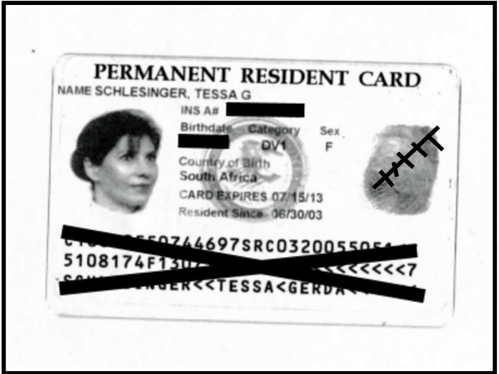 This is what my green card looked like. It's actually pink. A green card is permittion to reside and work in America. This called permanent residence. It does not confer citizenship.
