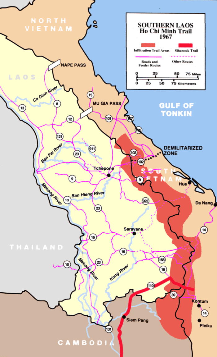 The Ho Chi Minh trail, known as the Truong Son Road by the North Vietnamese, cuts through Laos. This would develop into a complex logistical system which would allow the North Vietnamese to maintain the war effort despite American air power.