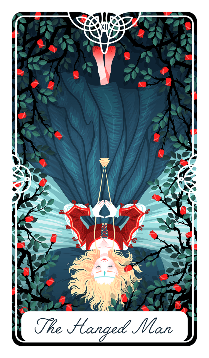 You can only contort yourself so far before you've gone too far. The Hanged Man card is about changing directions. You need to surrender your old habits and replace them with habits that better serve you in the present.