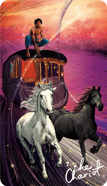 The Chariot encourages you to move. You must accept dual forces in order to move. You have to be open to both your heart and your mind.