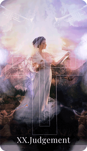 Judgment is unavoidable. All people will be judged one way or another. The card is packed with religious symbolism. An angel calls souls to wake up and be taken to somewhere else.