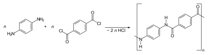 The reaction of 1,4-phenylene-diamine (para-phenylenediamine) with terephthaloyl chloride produces Kevlar.