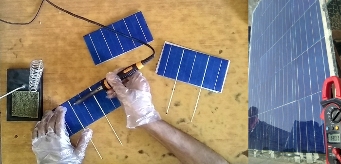 Soldering tabbing wire on solar cells consumes the most time. Right: Testing a DIY solar panel in sunlight.