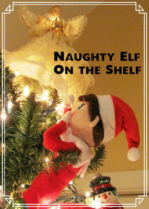 The naughty Elf On the Shelf upskirts the angel. Now you know why the Frosty the Snowman ornament is always smiling so broadly. (He's got the best seat in the house.)