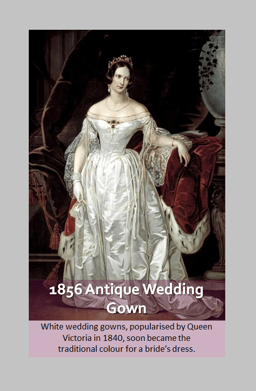 A 19th century antique wedding gown made in satin and lace in an off-the-shoulder style typically worn by the noble and elites of the time.