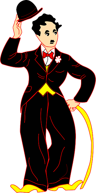 Charlie Chaplin - colorful cartoon clipart representation with a black suite and red bow tie and yellow vest